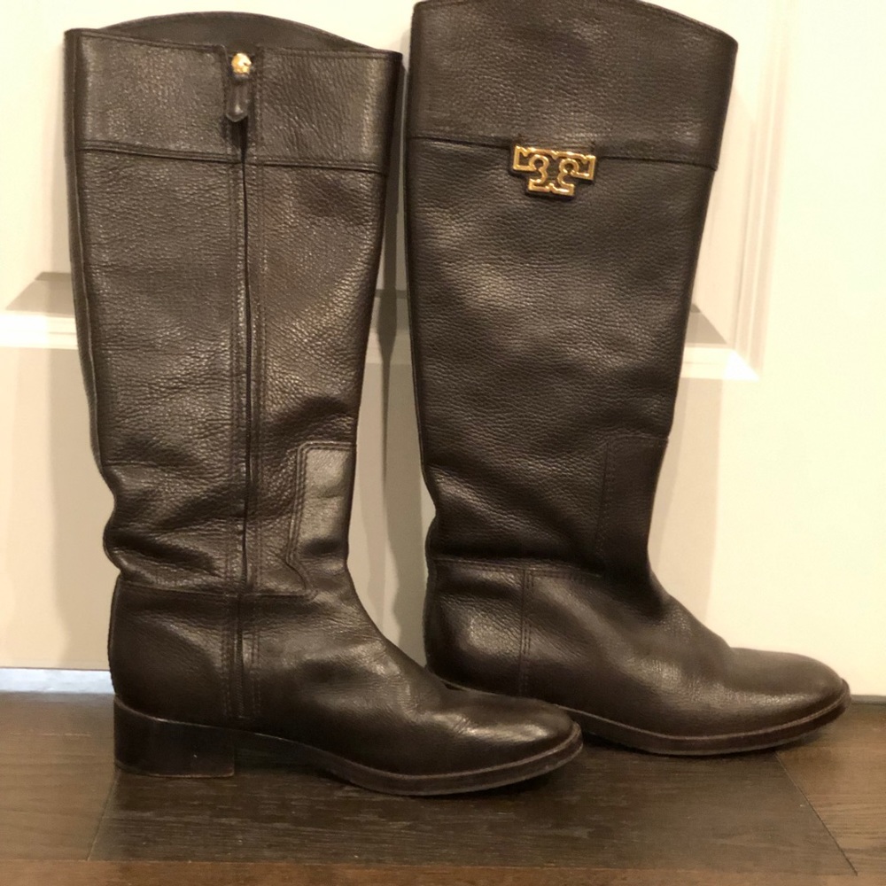 Tory Burch Brown Leather Knee-High Riding Boots with Gold Logos